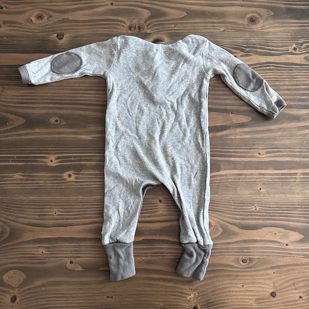 Burts Bees Baby 0-3M Gray Footie Henley Elbow Patch